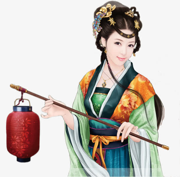 灯笼贤淑古风手绘女子免抠