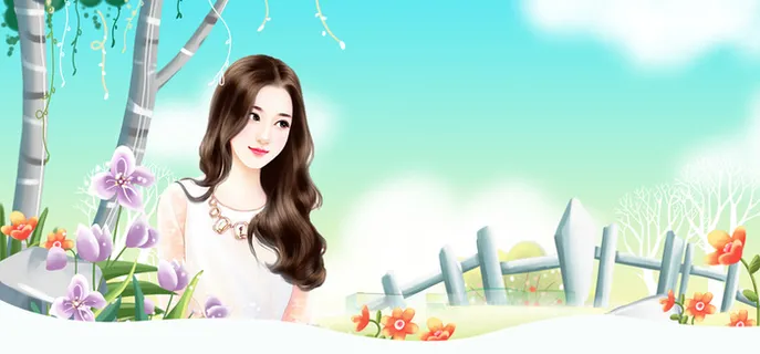 春天景色栅栏文艺渐变蓝banner高清 春天景色栅栏文艺渐变蓝banner高清