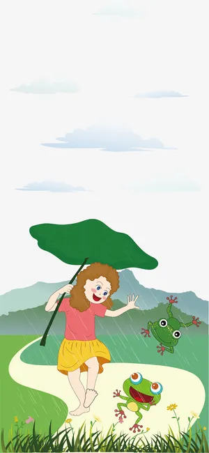 春天池塘边躲雨的女孩免抠