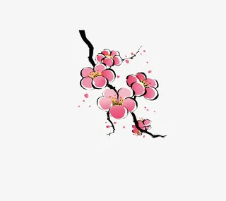 枝干上的桃花水墨图免抠