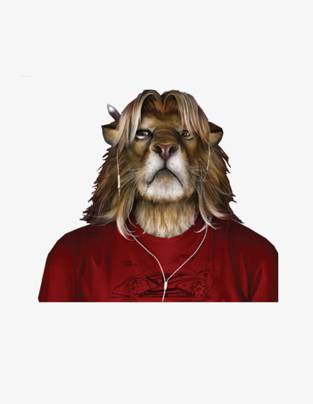 狮子 戴耳机的动物 红衣服免抠