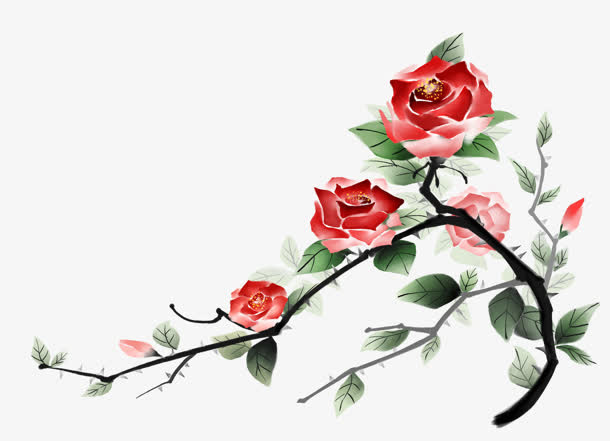 手绘红花树枝免抠