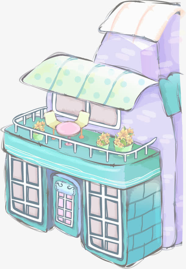 春天绿紫色建筑风景免抠