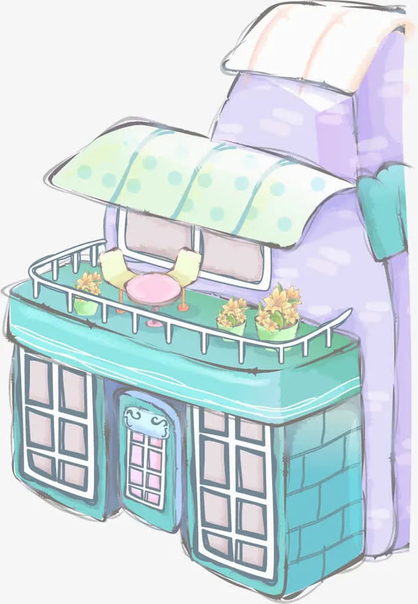 春天绿紫色建筑风景免抠