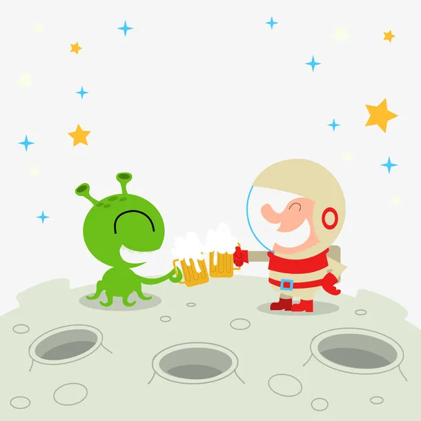 卡通啤酒碰杯的外星人和宇航员矢免抠