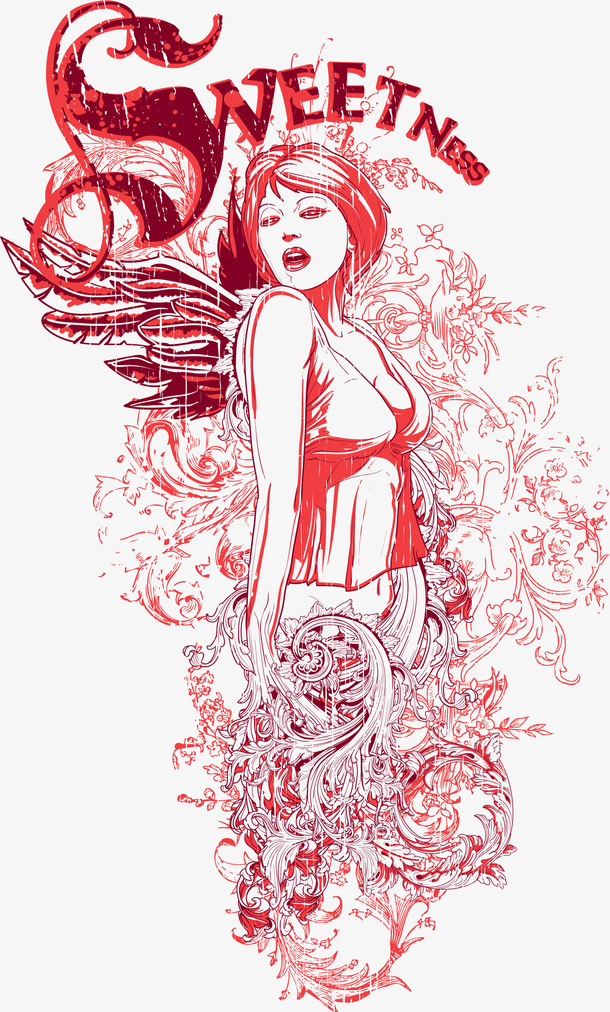 翅膀美女花纹印花免抠