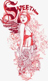 翅膀美女花纹印花免抠