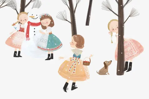 手绘堆雪人的小孩免抠