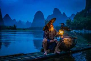 山水夜色渔夫摄影免抠