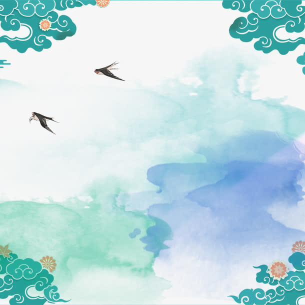 绿色中国风水墨山水背景免抠