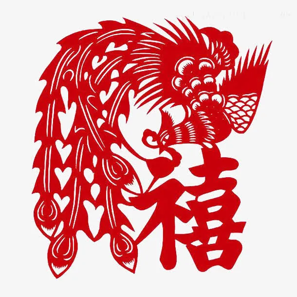 凤凰叼着喜字窗花免抠
