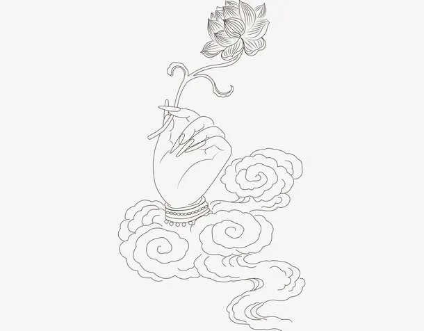 佛手荷花佛教元素线稿矢量素材免抠