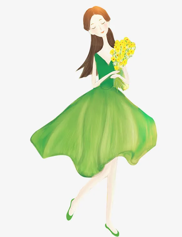 卡通手绘绿色裙子的美女免抠