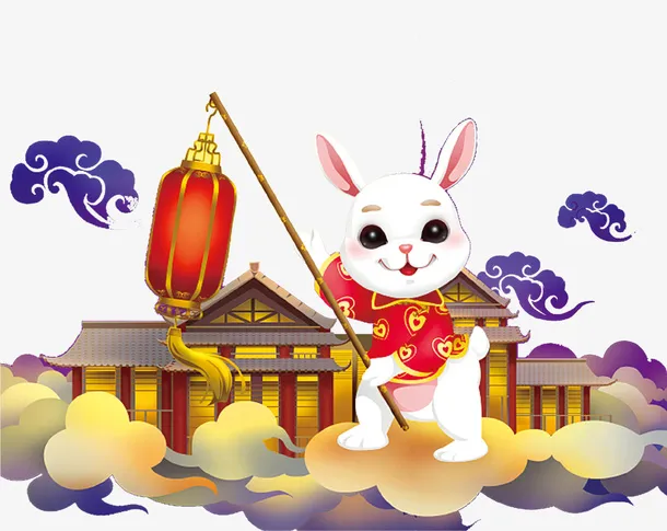 卡通唯美可爱月兔天宫插画免抠