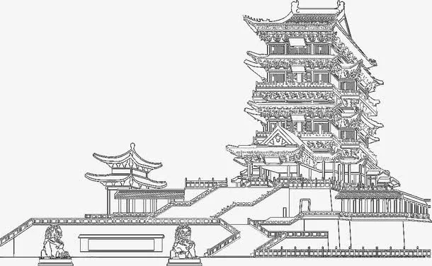 滕王阁黑白线描稿免抠