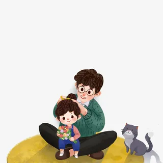 手绘老爸给女儿绑头发免抠节日其他节日元素