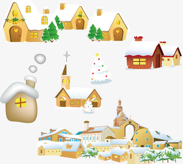 圣诞小屋矢量雪中小屋卡通免抠