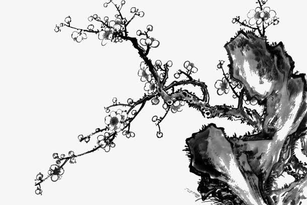 手绘水墨画石头梅花免抠