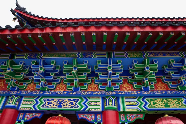 特色寺庙彩色雕刻图案墙檐免抠