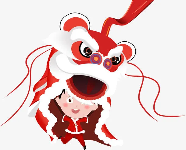 新年舞狮装饰手绘插画素材免抠