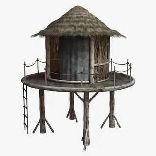 手绘灰色圆台茅草屋免抠