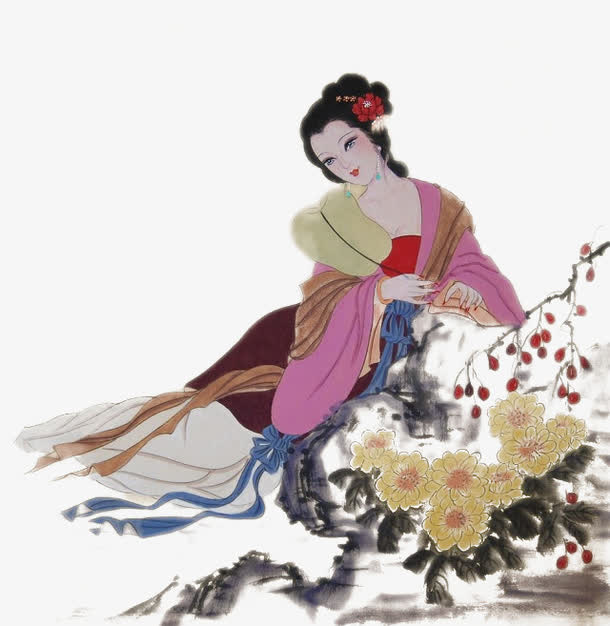 古典美女水墨画免抠