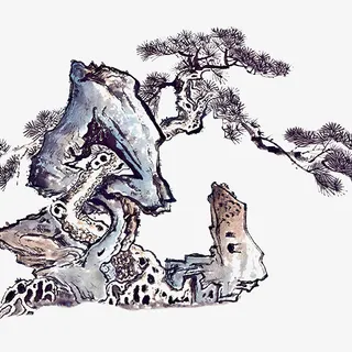 彩色手绘古树水墨风免抠