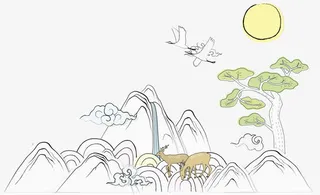 山水仙鹤太阳写意图免抠