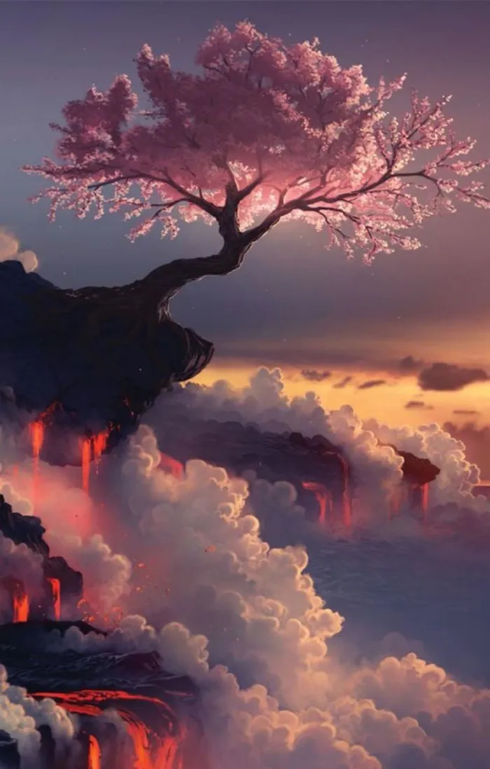 绚丽晚霞下的富士山樱花树背景高清