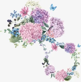 彩绘水彩紫色绣球花卉花环矢量素免抠