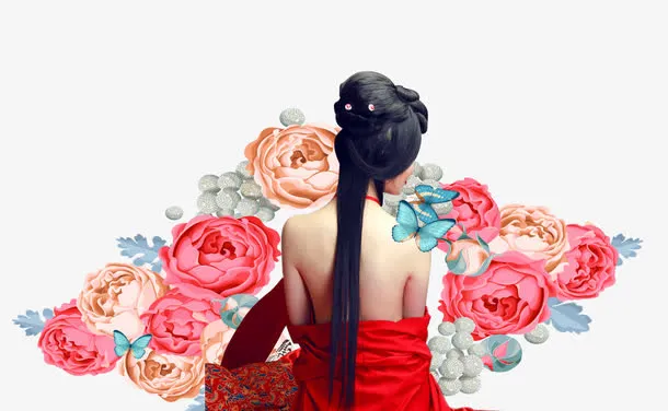 38女王节女神背影与鲜花设计免抠