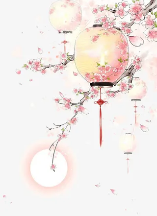 水彩手绘古风桃树灯笼免抠装饰植物元素