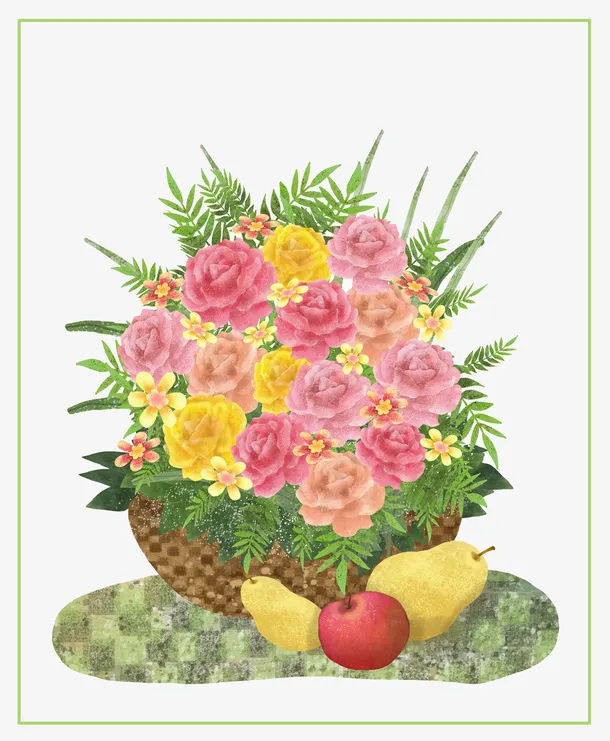 鲜花和水果手绘插画免抠