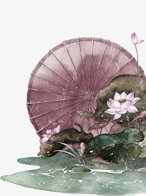 褐色中国风花朵雨伞装饰图案免抠