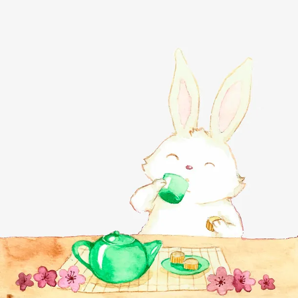 水彩绘中秋节饮茶兔子矢量图免抠