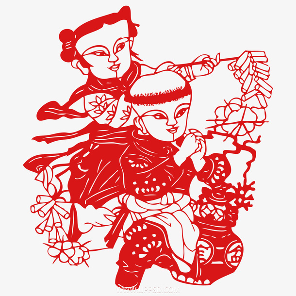 春节红纸剪影 小孩免抠