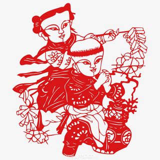 春节红纸剪影 小孩免抠