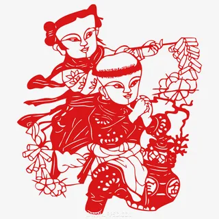 春节红纸剪影 小孩免抠