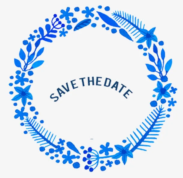 蓝色花纹边框婚礼请柬插图免抠