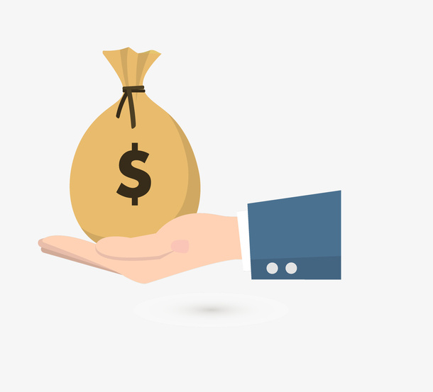 手绘卡通金融交易手拿钱袋子免抠