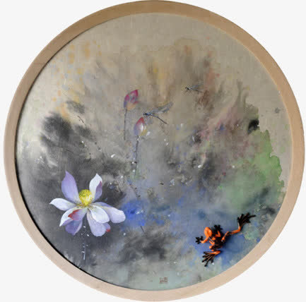 中式荷花装饰挂画免抠