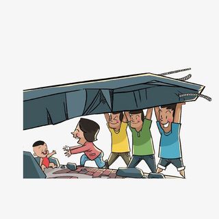 一群合力抬起石块就出小孩的英雄免抠