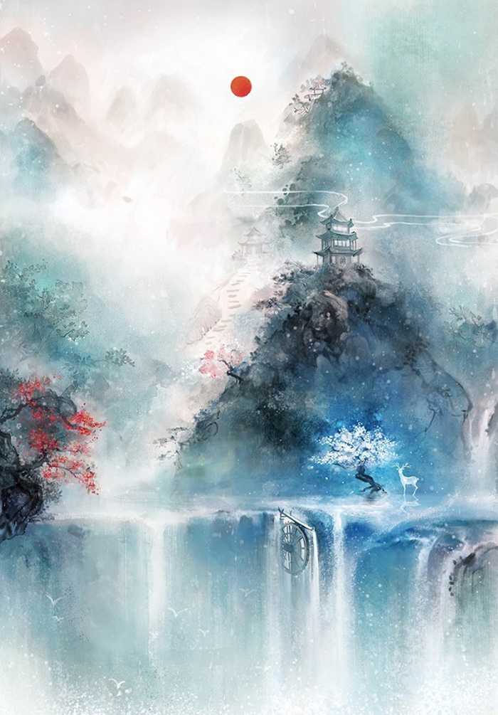 红日群山瀑布水墨画海报背景素材高清
