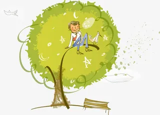 手绘春天大树创意人物免抠