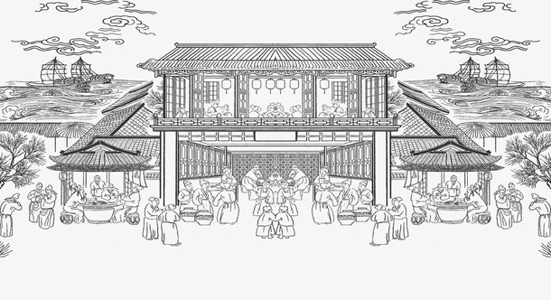 手绘 集市 古代饭店 国潮风免抠