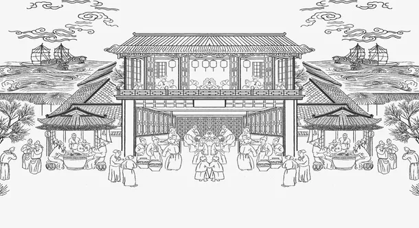 手绘 集市 古代饭店 国潮风免抠