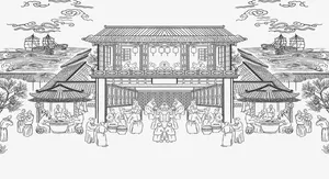 手绘 集市 古代饭店 国潮风免抠