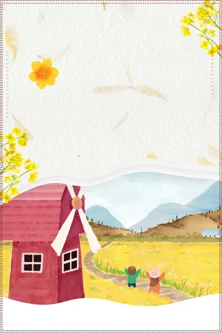 小清新春天你好油菜花风景插画高清