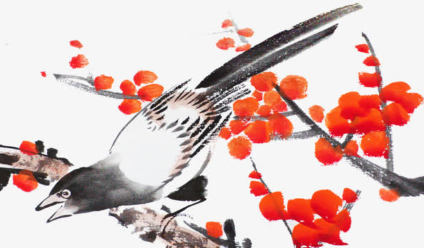 红色彩绘水墨花鸟艺术插画免抠