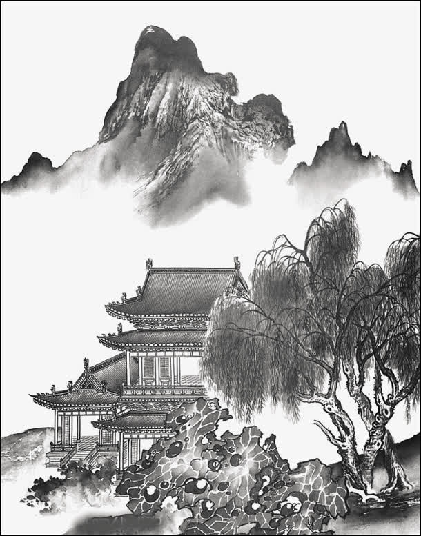 水墨山水画柳树群山免抠